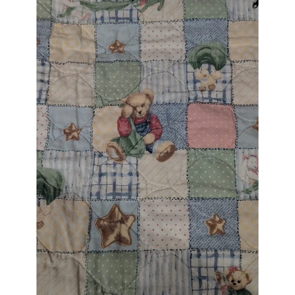 Vintage Blue Jean Teddy Bear Quilt Baby Crib Blanket 42x33 Nursery 90s